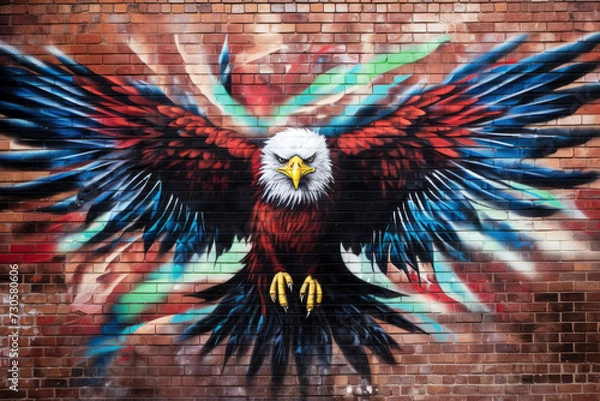 Fototapeta Image of a bald eagle on a brick wall. Street art.