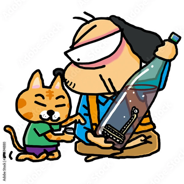 Fototapeta マムシ酒を楽しむ犬猫家族