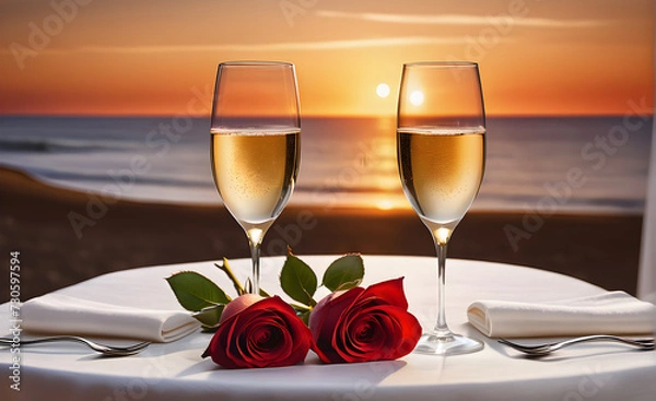 Fototapeta Two Champagne glasses await filling, positioned centrally on an elegant white linen table, a single red rose lying across a folded napkin, backdrop hinting at a tranquil sunset. Generative AI