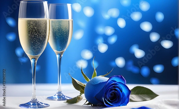 Fototapeta Two Champagne glasses adjacent, poised for a toast, caressing a single blue rose with petals gradient from cobalt to cerulean. Generative AI