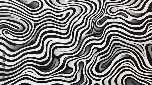 Fototapeta Psychedelic surrealism: black and white wavy pattern with chiaroscuro woodcuts and kinetic op art vibes.