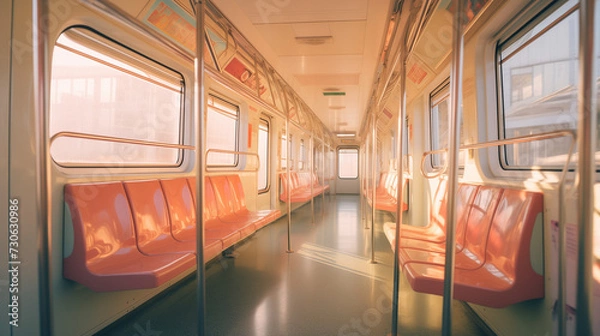 Fototapeta 아침 햇살이 비추는 한적한 지하철 내부