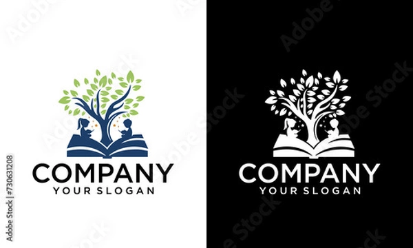 Fototapeta Creative Child care. Tree logo. Abstract, balance, education and life design template. Child  reading under smart brain tree, fun education logo symbol design illustration inspiration