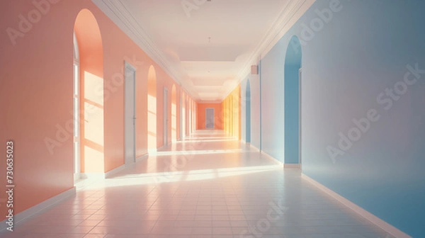 Fototapeta 미니멀리즘 현대 건축의 긴 복도와 끝의 빛