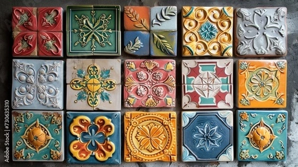 Fototapeta Beautiful colourful handmade ceramic tile with various ornament.