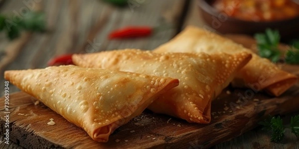 Fototapeta Samosa featuring a savory filling of chicken, minced meat, potato, and vegetables, presented on a wooden background.