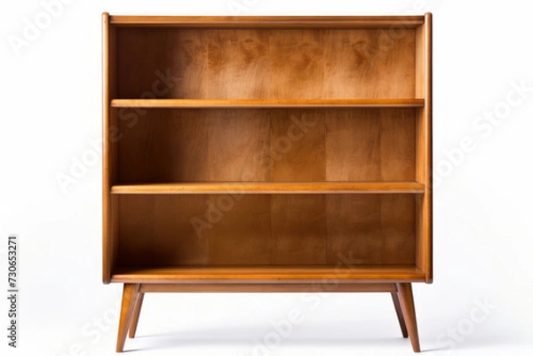 Fototapeta Present a full body shot of a single wooden mid-century modern bookshelf. front and close-up view,  isolated on a white background.