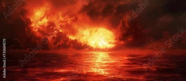 Fototapeta Dramatic red sunset over the sea, signaling the end of the world on an abstract apocalyptic background.