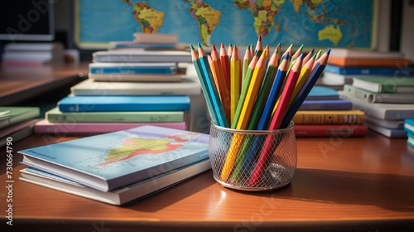Fototapeta Different colored school equipment on the table in a  classroom, concept of education and knowledge