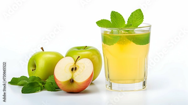Fototapeta Apple juice with mint in a glass on a white isolated background.
