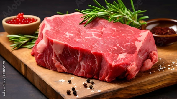 Fototapeta Fresh raw beef steak on cutting board in close-up view over dark background. Quality meat product concept.