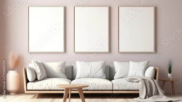 Fototapeta Modern Lounge Area with Scandinavian-style Couch and Empty Frames for Art Display