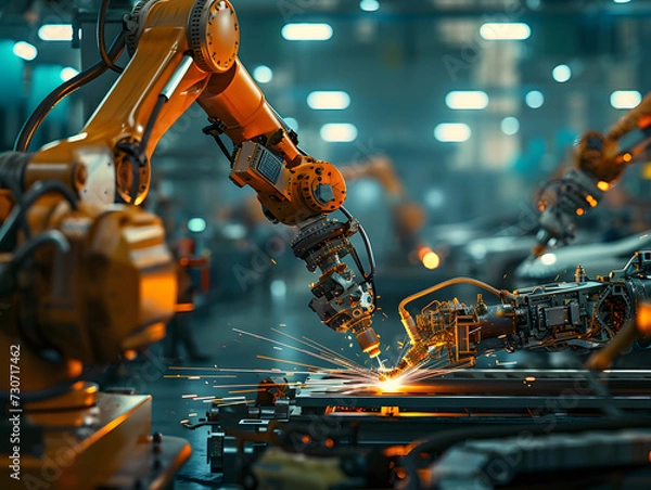 Fototapeta Close up of sparks fly out machine head for metal processing at the factory. Robotic production of automobile assembly parts in the welding department of an automobile manufacturing plant. Automotive 