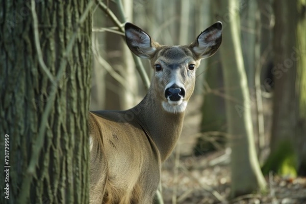 Fototapeta deer standing in forest, closeup with trees surrounding
