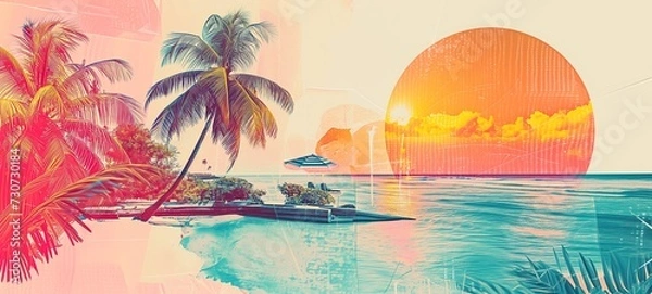 Fototapeta Retro-style digital collage featuring palm trees against a gradient sunset with digital overlays, creating a serene tropical scene infused with a nostalgic summer vibe.