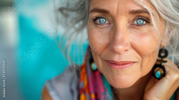 Fototapeta Portrait of good looking senior woman bright makeup looks at camera with pleased expressionisolated over colorful background. People age concept. Image of a beautiful and elegant old woman