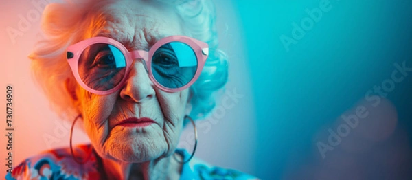 Fototapeta Portrait of good looking senior woman wears spectacles bright makeup looks at camera with pleased expressionisolated over colorful background. People age concept. Image of a beautiful and elegant old 
