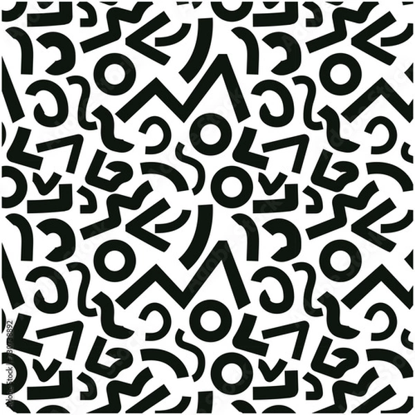 Fototapeta Collection of Memphis patterns - seamless illustration, Black and white mosaic texture.