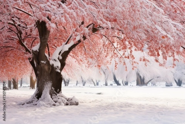 Fototapeta A breathtaking snowy landscape with cherry blossom trees in full pink bloom, contrasting with the white snow-covered ground.