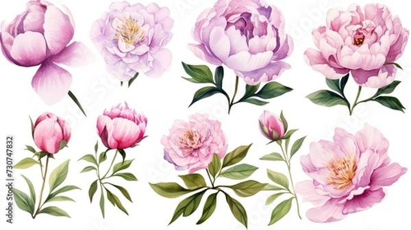Fototapeta Flower set. Watercolor peonies for wedding invitation design, fabric, decor , generative ai