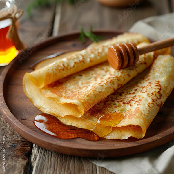 Fototapeta Delicious pancakes with honey or maple syrup. Homemade pancakes and sweet syrup on white plate isolated.