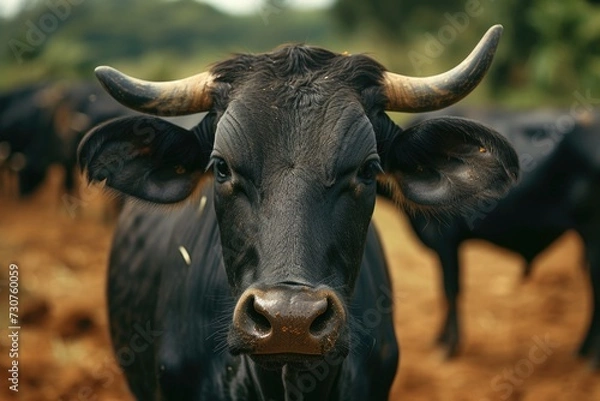 Fototapeta A close-up view of a cow's face with other cows visible in the background. This image can be used to depict farm animals or rural landscapes