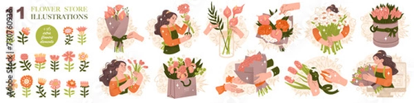 Fototapeta A set of illustrations on the theme of selling flowers with additional floral elements. Compositions for a florist shop. Happy holidays. Vector illustration isolated on transparent background.