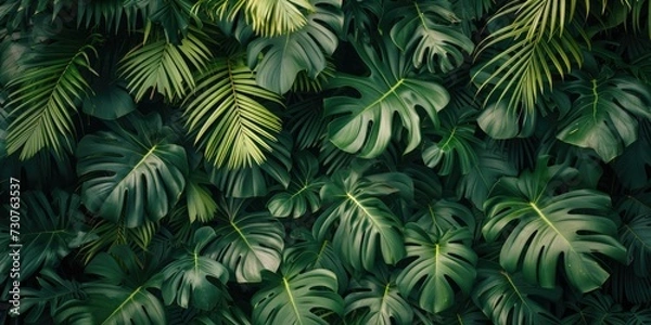 Fototapeta A bunch of green leaves placed on a wall. Can be used as a background or for nature-themed designs