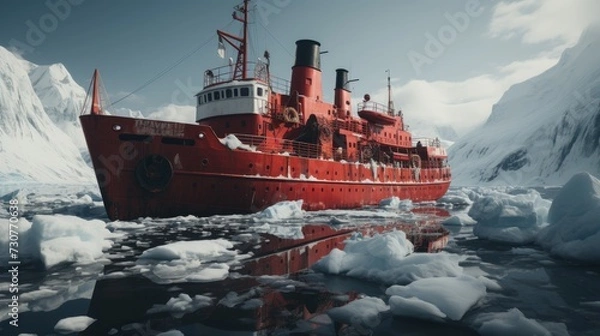 Obraz massive red icebreaker standing amidst the icy waters of antarctica