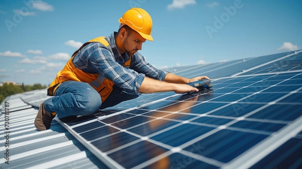 Fototapeta Engineers installing and connecting a solar panel system on roof. Green energy and energy saving. Generative AI.