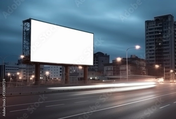Fototapeta Blank billboard on the highway during the twilight with city background with clipping path on screen for display your products or promotional