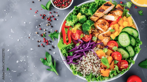 Obraz A vibrant salad bowl with a mix of colorful vegetables, lean grilled chicken and quinoa