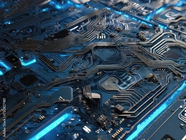 Obraz Tech Notes Unleashed: Circuit Board Melodies Illuminated in Electric Blues and Metal Hues