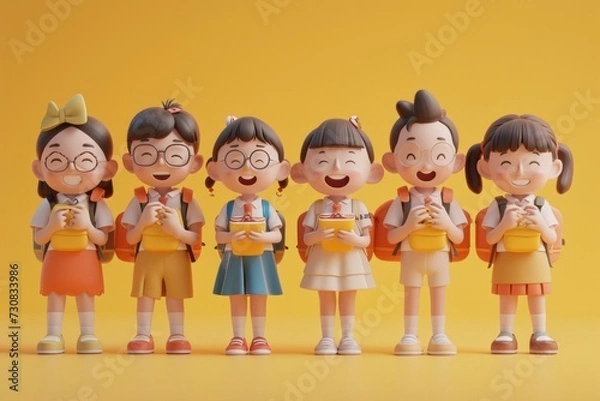 Fototapeta Colorful cartoon character schoolchildren smiling on a yellow background.