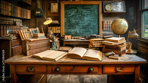 Fototapeta A vintage classroom setting with antique wooden desks and a blackboard, evoking the charm and simplicity of early education