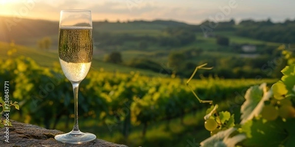 Fototapeta Savoring top quality bubbly white wine while overlooking lush vineyards of France's premier sparkling wine grapes, pinot noir and meunier.