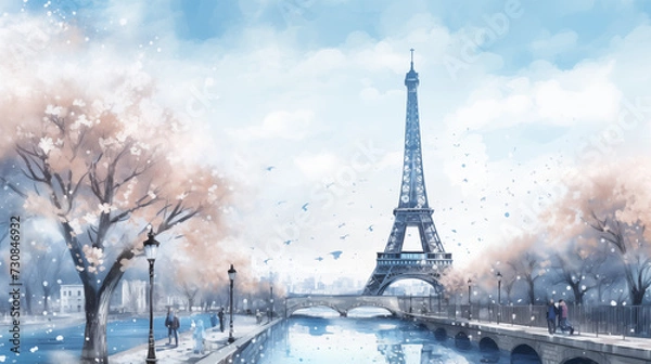 Fototapeta Amidst the wintry sky, a towering canal stands tall, surrounded by the bustling city and blanketed in snow as people wander through the tranquil scene