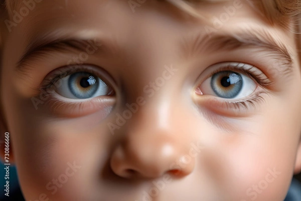Fototapeta Close-up portrait of a young boy with strikingly vivid and captivating blue eyes.