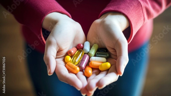 Obraz Renewed Vitality: Gentle Grasp of a Woman Embracing a Cluster of Essential Vitamin Supplements