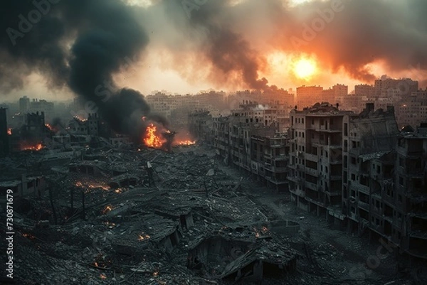 Fototapeta A stark representation of modern warfare's destruction, with urban areas engulfed in flames and reduced to rubble after relentless bomb and missile assaults
