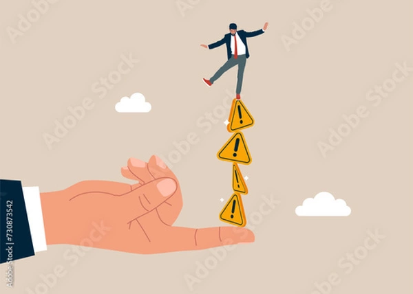 Obraz Hand reach to help businessman no falling from stack of unstable exclamation point. Flat vector illustration