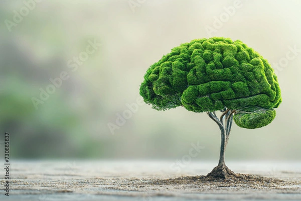 Fototapeta Green tree in the shape of a human brain in the middle of nature with trees Environmentally sustainable IT copy space