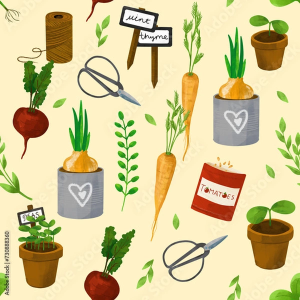 Fototapeta Seamless pattern. Garden set. Watering can, garden, tools, flowers, doodle, creativity, hobby. Cute spting patter. Drawing for clothes and papers.