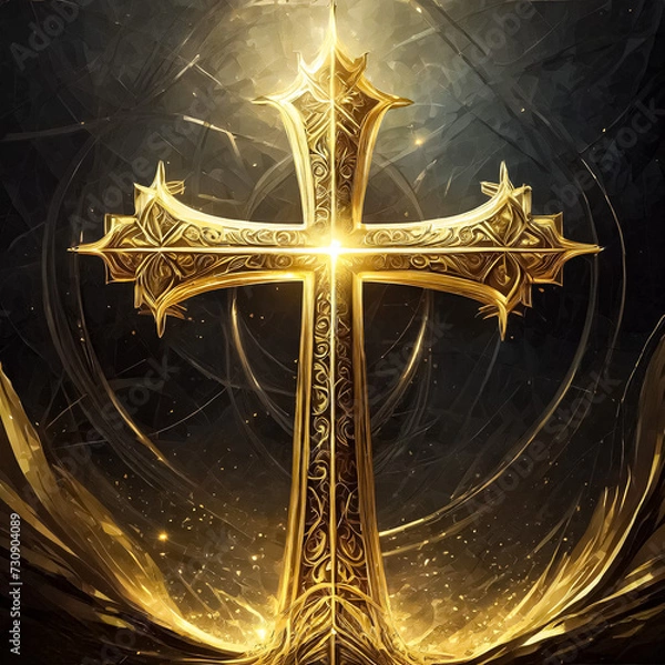 Fototapeta Generative Ai Gold Cross On A Dark Background