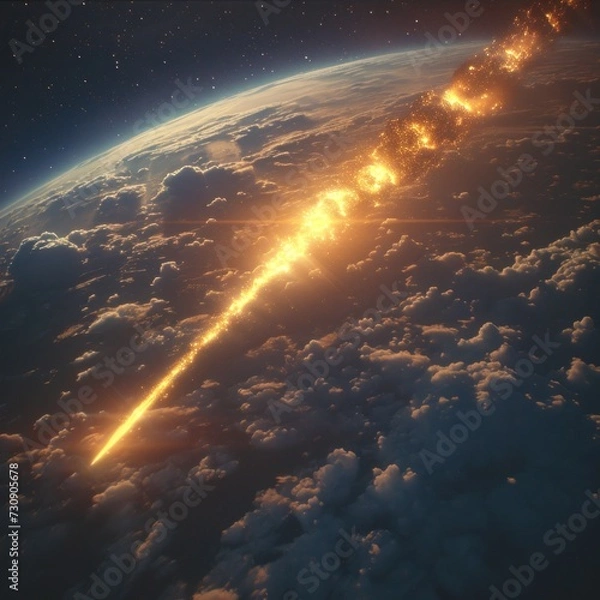 Fototapeta Many flaming asteroid meteors fall to earth which will endanger the earth globally, human fantasy imagination as a concept for astronomy, advertising,  knowledge, education etc. Generative ai