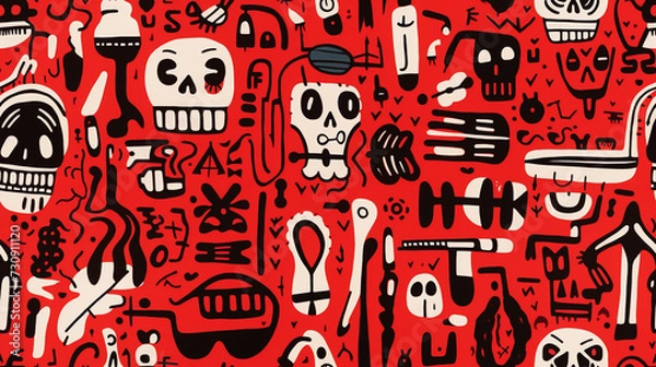 Fototapeta Seamless repetitive pattern abstract illustration of mexican skulls figures. Day of the dead. Wallpaper. Background.