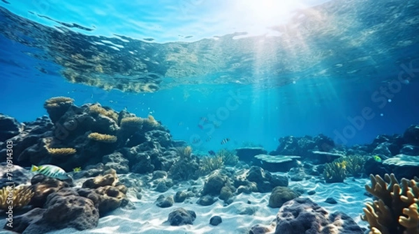 Fototapeta Underwater view of a colorful sea coral reef with fishes. Ocean ecosystem. Generative AI