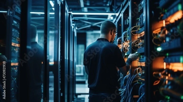 Obraz IT specialists at server room, repair servers