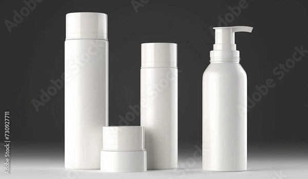 Fototapeta white cosmetic cream container and tube for cream, ointment, toothpaste, lotion Mock up bottle. Gel, powder, balsam. Soap pump. Containers for bulk mixtures.