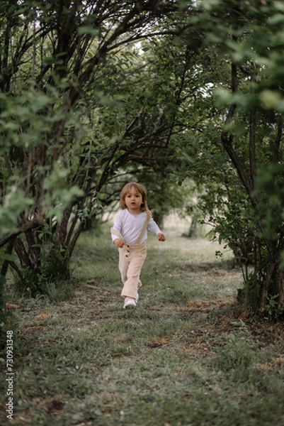 Fototapeta A small stylish girl, a child in beige trousers and a white blouse, runs in a tunnel from tall green bushes